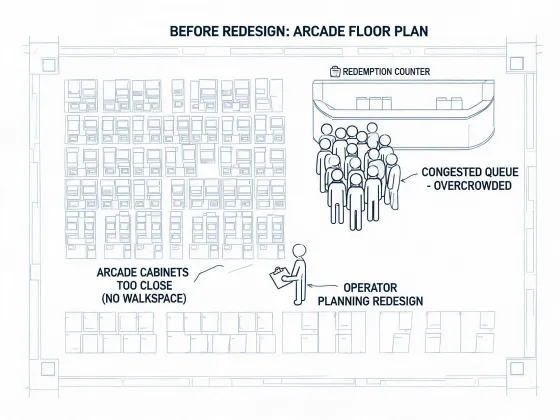 Crowded arcade layout before service review